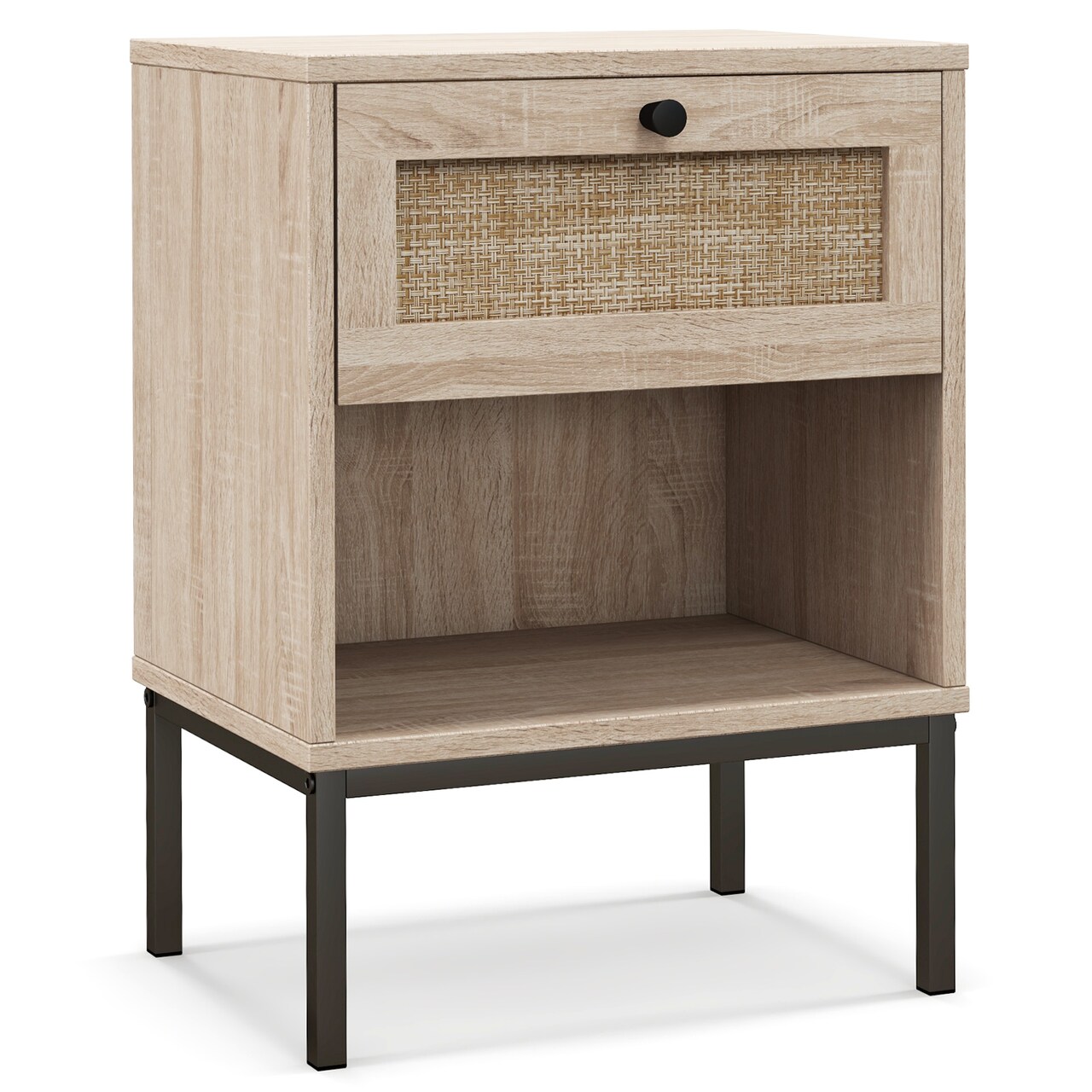Rattan End Table Nightstand with Storage Drawer and Lower Shelf